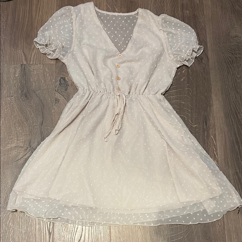 White Polka Dot Dress with Puff Sleeves